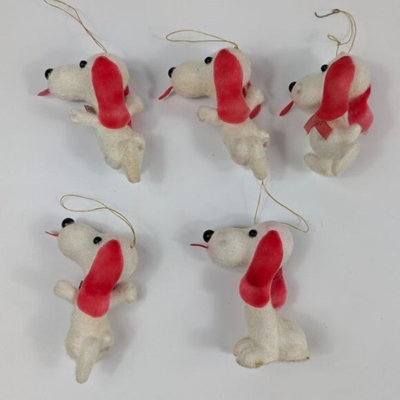 5 Vintage White Felted Snoopy Style Dog Christmas Tree Ornament Ears Tongue RARE - Picture 3 of 16